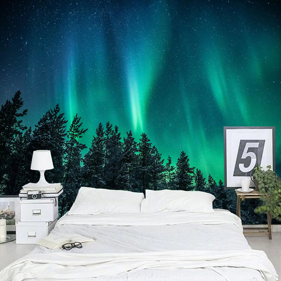 VIKAMA Wandteppich mit Nordlicht-Waldmotiv in Grün, moderner Wandbehang mit Aurora Borealis und Kiefernbaum-Druck für dein Wohnzimmer oder Schlafzimmer - Bild 4