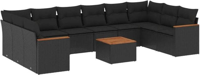 vidaXL 11-tlg. Garten-Sofagarnitur in L-Form aus schwarzem Poly-Rattan mit Kissen und pulverbeschichtetem Stahlgestell - Bild 1