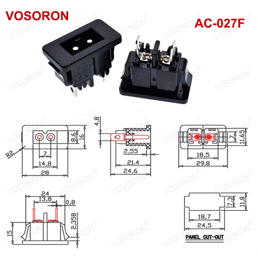 VOSORON 5 Stück IEC 320 C8 Stromeingang 2-poliger Stecker in Schwarz für Schalttafelmontage an Netzteilen und elektronischen Geräten - Bild 2