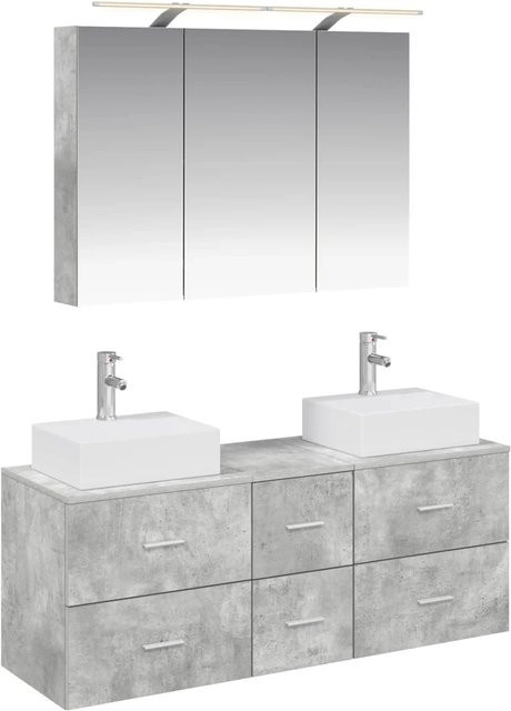 vidaXL Badezimmermöbel-Set 4-teilig in Betongrau mit Waschtischunterschrank, Spiegelschrank mit LED-Beleuchtung und Wandunterschrank aus Holz, Glas und Metall - Bild 1