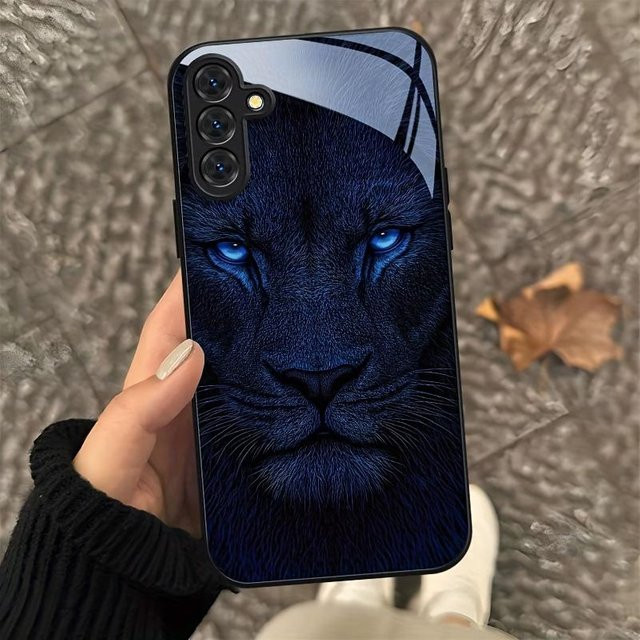 Blauer Löwe Glas Handyhülle mit schwarzem Rahmen für Samsung Galaxy S26 S25 S24 S22 S21 S20 FE Ultra Plus schwarz - Bild 1