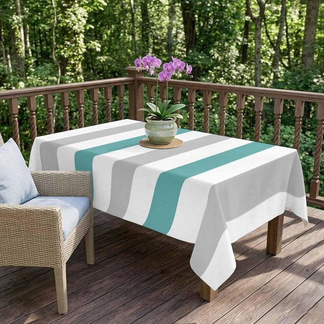 Wasserdichte rechteckige Tischdecke von JINGYUE Pet mit abstraktem Streifenmuster in Türkis, Grau und Weiß, B/T: 100 x 160 cm - Bild 1