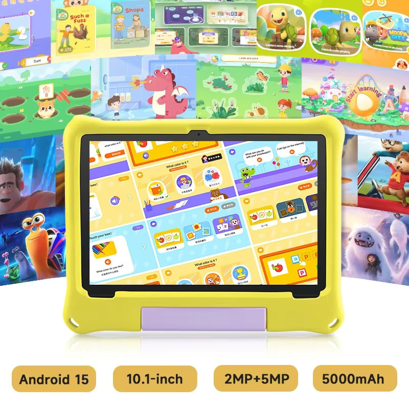 Paitanry Kinder-Tablet mit Android 15, 10,1 Zoll Display, 8 GB RAM, 64 GB Speicher, Gelb, inklusive Hülle und Dual-Kamera - Bild 3