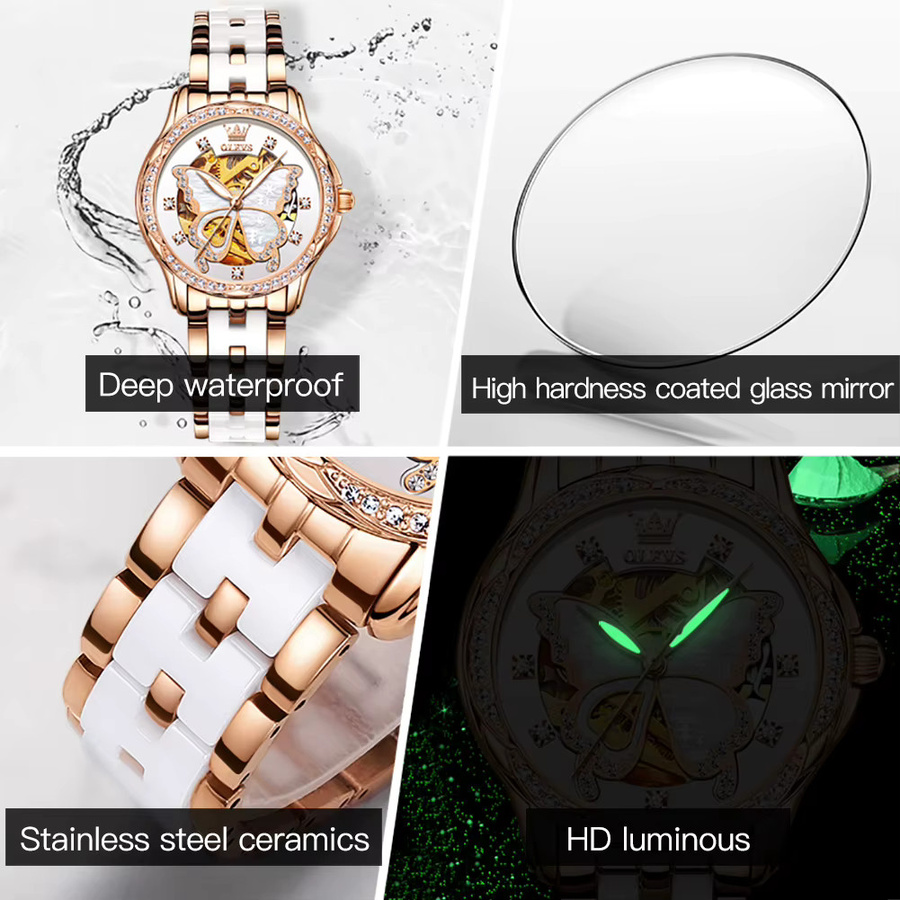OLEVS Armbanduhr, Automatik, Edelstahl, Roségold, Diamant, Damen - Bild 3
