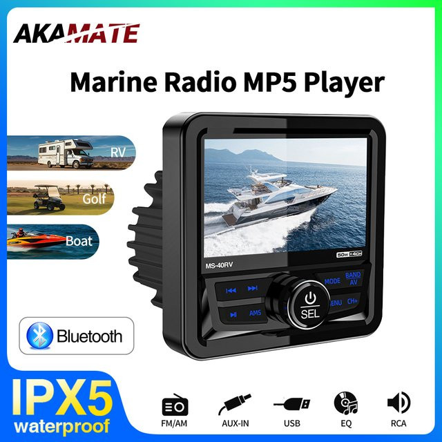 AKAMATE MP5 Marine Radio Stereo Square Boot Lautsprecher mit Bluetooth, FM/AM Antenne und IPX5 Wasserdichtigkeit in Schwarz - Bild 1