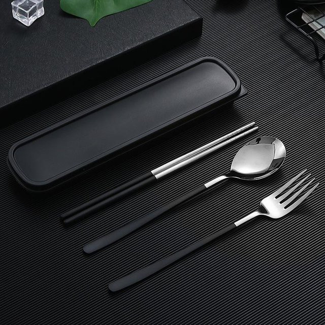 VEG HOME 4-teiliges Reisebesteck-Set aus Edelstahl mit Etui, schwarz/silber matt - Bild 1