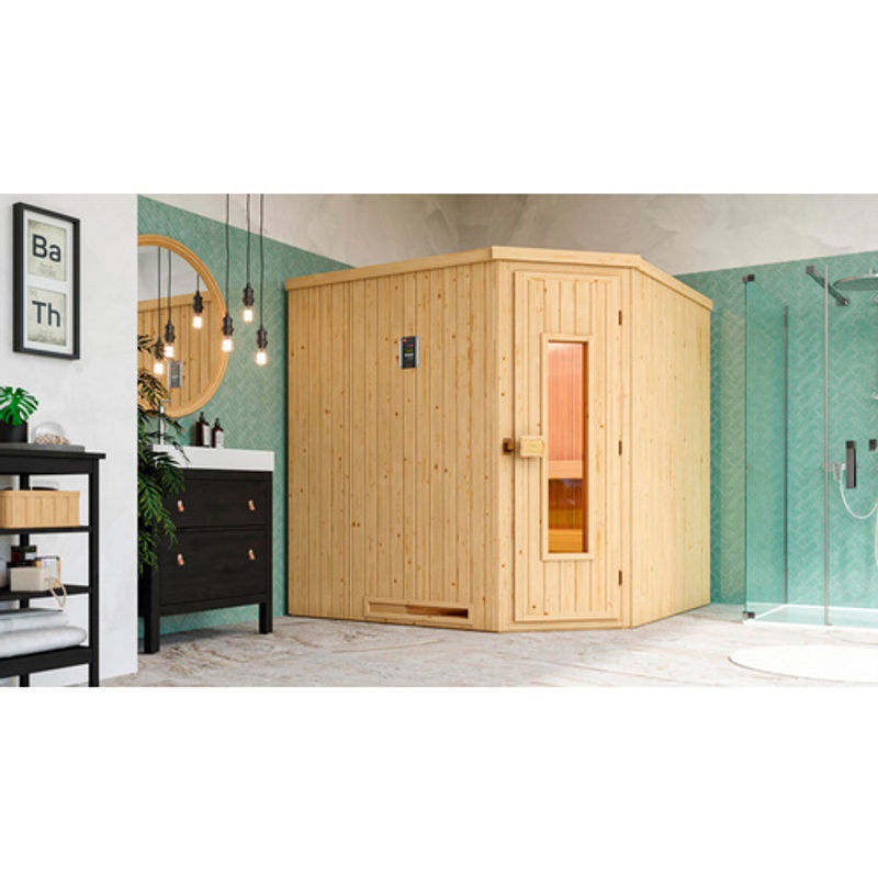 WEKA Ecksauna Varberg 3 für 5 Personen in Braun inklusive 9 kW Ofen mit integrierter Steuerung und Kompakt Holztür - Bild 2