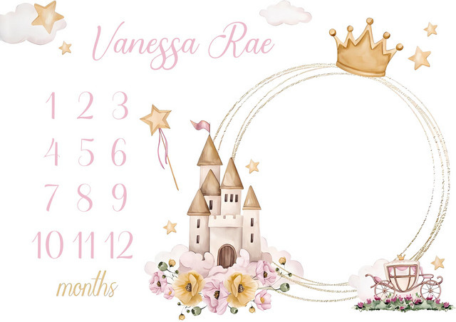 VIKAMA Prinzessinnen-Schloss Baby Monatliche Meilenstein-Decke mit Kronen-Blumen-Motiv als Fotomatte für Neugeborene und Mädchen - Bild 1