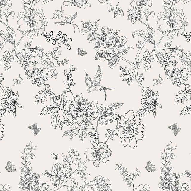 Selbstklebende Blumentapete von Brangdy mit Blumen- und Vogelmotiv in Schwarz-Weiß - Bild 1
