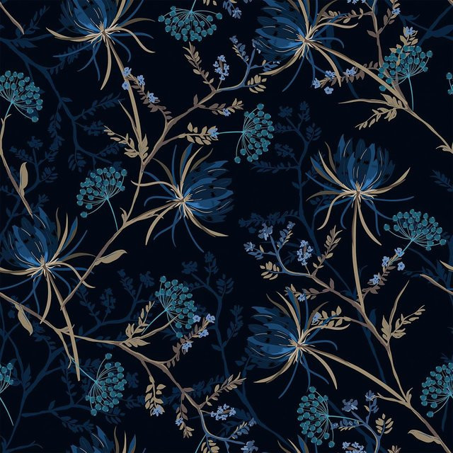 Meihodan Selbstklebende Tapete mit Dunklem Löwenzahn-Blumenmuster in Blau, Vintage Botanik Wandgestaltung zum Abziehen und Aufkleben - Bild 1