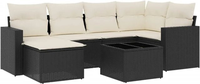 vidaXL 7-tlg. Garten-Sofagarnitur in L-Form mit Kissen und Couchtisch, Schwarz, Poly-Rattan und Metallrahmen - Bild 1