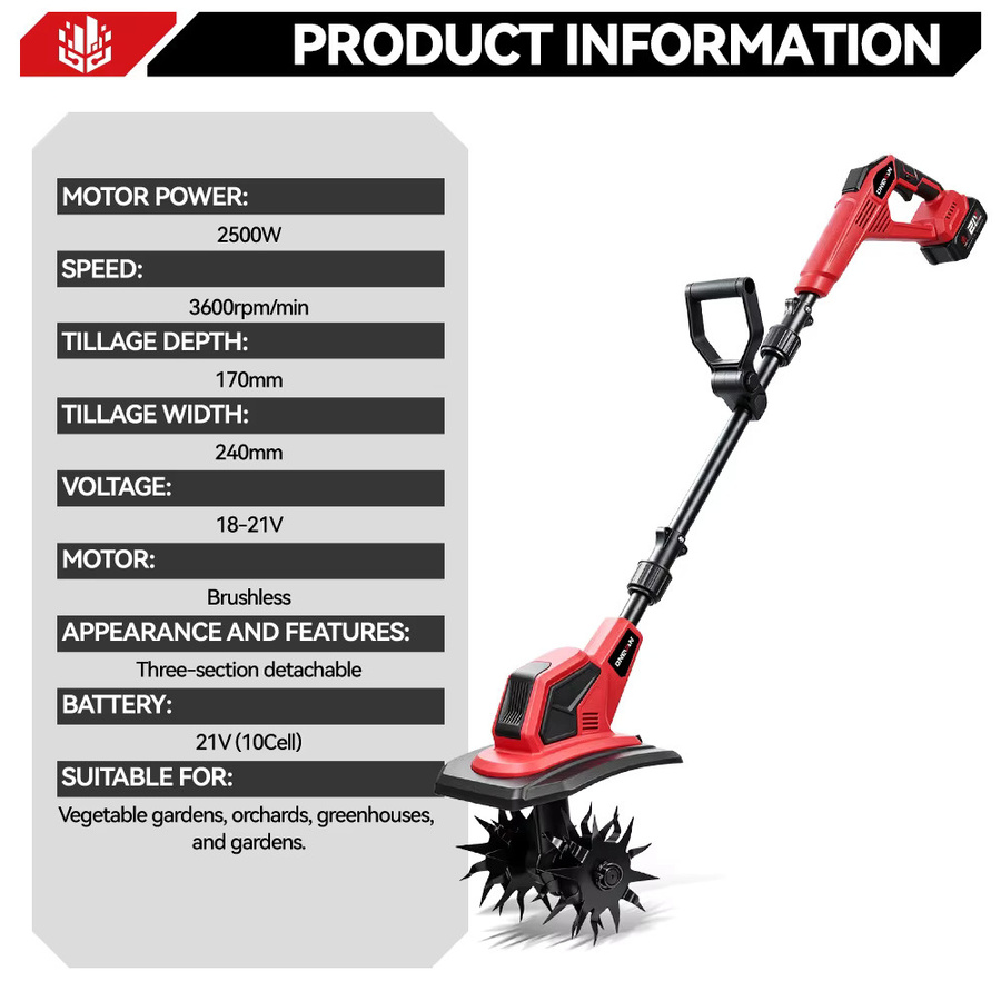 ONEVAN Bürstenloser Elektro-Gartenfräser 2500W in Rot für Makita LXT 18V Akku - Bild 5