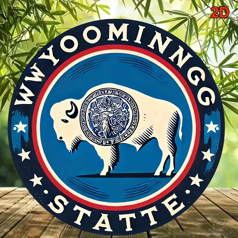 Potdemiel Vintage Wyoming State Seal Rundes Aluminiumschild mit Büffel-Emblem, Durchmesser: 20,3 cm - Bild 3