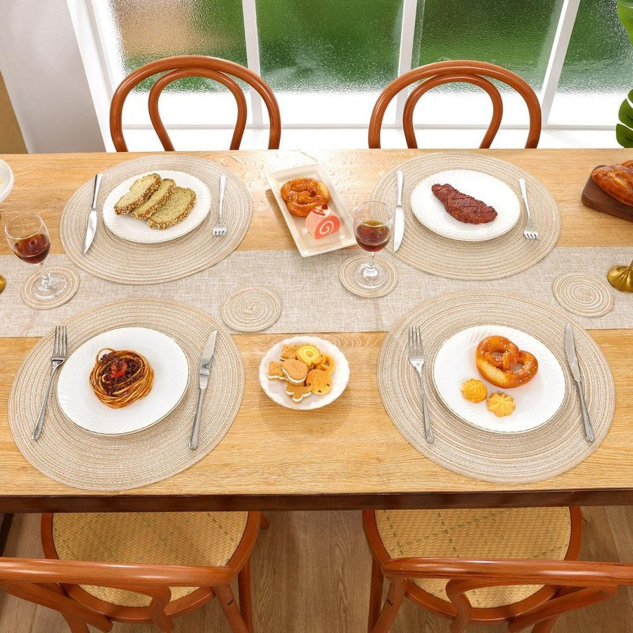 Yiran Furniture Set aus 6 runden, geflochtenen Tischsets und Untersetzern aus Polyester, waschbar und hitzebeständig - Bild 3