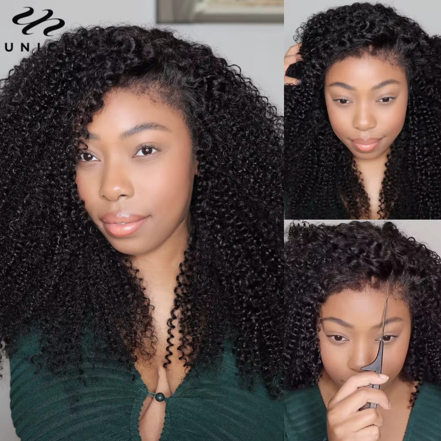 UNice 4C Edges Kinky Curly Echthaar-Perücke, vorgeschnitten, vorgebleicht, 7x5 Spitze, klebefrei - Bild 5