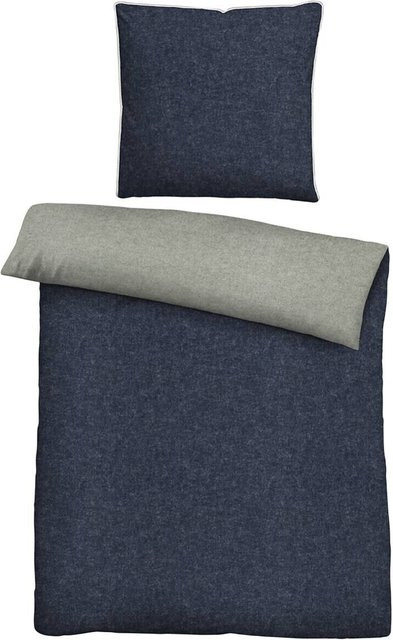 Biberna Bettwäsche aus Baumwolle Flanell Uni-Melange in Blau und Grau, B/T/H: 155 x 220 x 80 x 80 cm - Bild 1