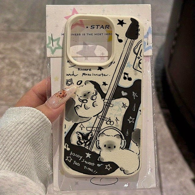 Handyhülle mit Gitarrenkatze-Muster und Litschi-Struktur für Apple iPhone 17 16 15 Pro Max Plus in Beige und Multicolour - Bild 1