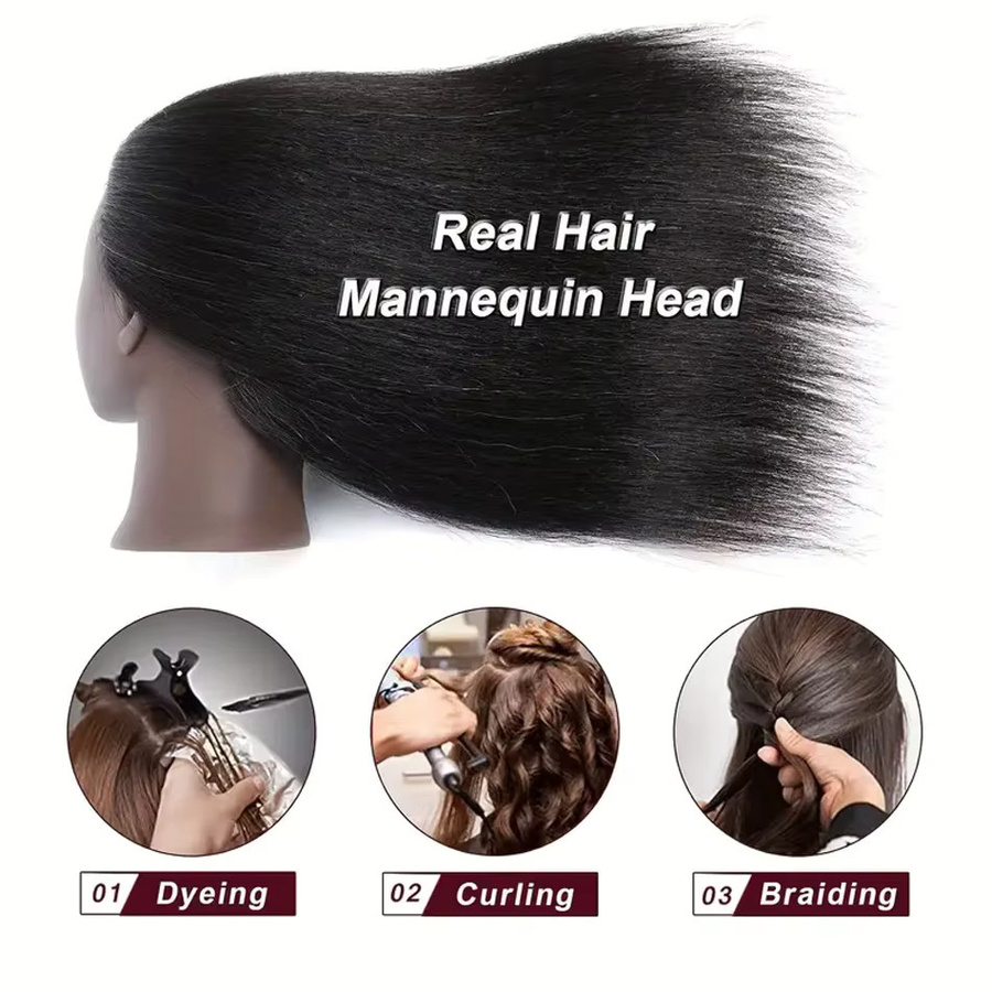 Yaki Haar Echthaar Mannequin Kopf mit Tischklemmständer, Unisex - Bild 1