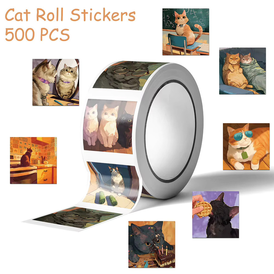 500 Stück Cartoon Katzen Rollaufkleber in Multicolour für Handy, Scrapbook und DIY-Projekte, wasserfeste ästhetische Aufkleber - Bild 7