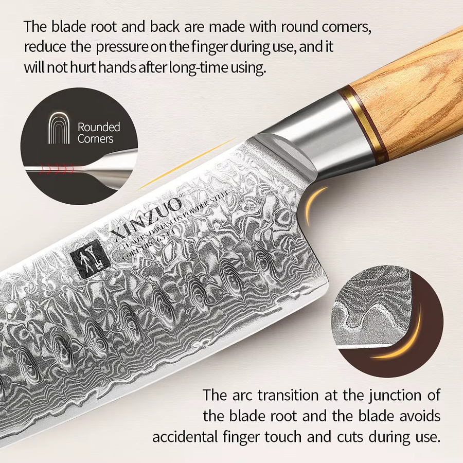 XINZUO Santoku-Messer mit 73 Lagen Damaszener Edelstahl, Pulverstahlkern und Olivenholzgriff, Silber, 17,78 cm - Bild 2