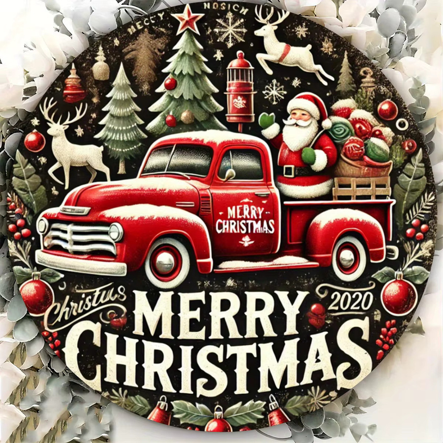 Potdemiel Rundes Metallschild Weihnachten mit Weihnachtsmann und Rentier im rustikalen LKW-Design, Farbe Rot, Durchmesser: 20,3 cm - Bild 3