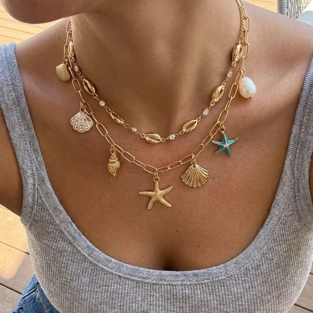 BELLA-Bee Halskette, mehrlagig, Seestern-Muschel-Choker, Gold, Damen - Bild 1