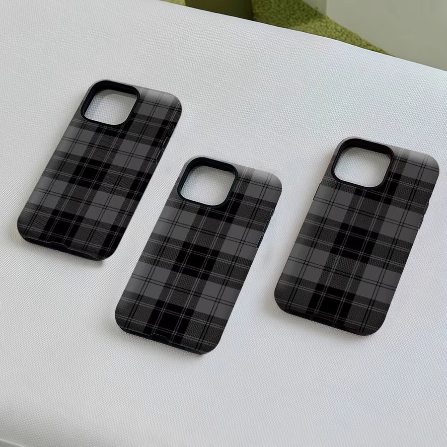 Robuste doppelschichtige Handyhülle von Potdemiel mit Karomuster für iPhone 17 16 15 14 13 Pro Max Plus in Schwarz-Grau mit Magnetfunktion - Bild 5