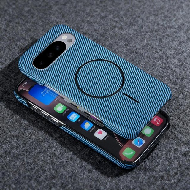 Magnetische Handyhülle mit Kohlefaser-Kevlar-Textur für Google Pixel 10, 9 Pro und 9 Pro XL in Blau - Bild 1
