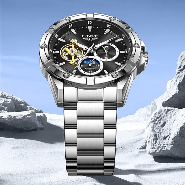 LIGE Armbanduhr Automatik, Edelstahl, Schwarz, Herren - Bild 1