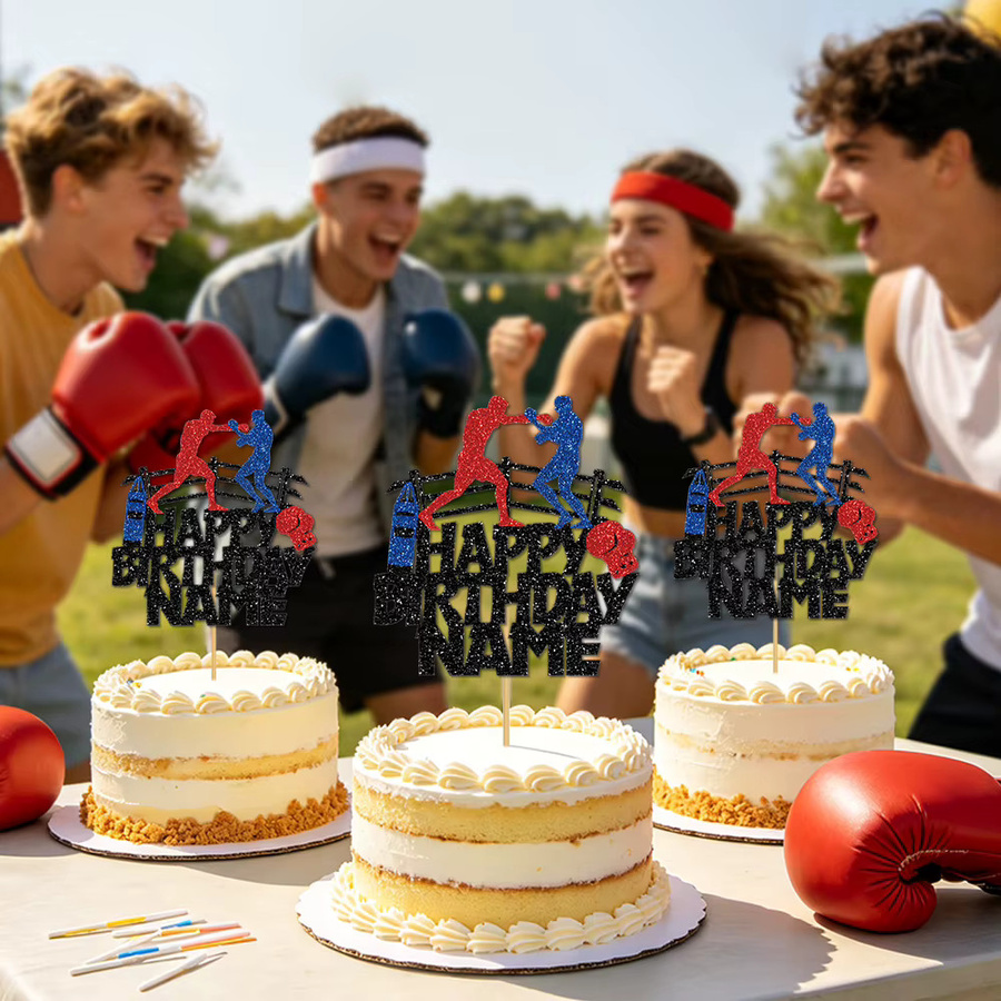 Joy-enlife Boxer Kuchendekoration mit anpassbarem Namen in Rot und Blau für sportliche Geburtstage - Bild 4