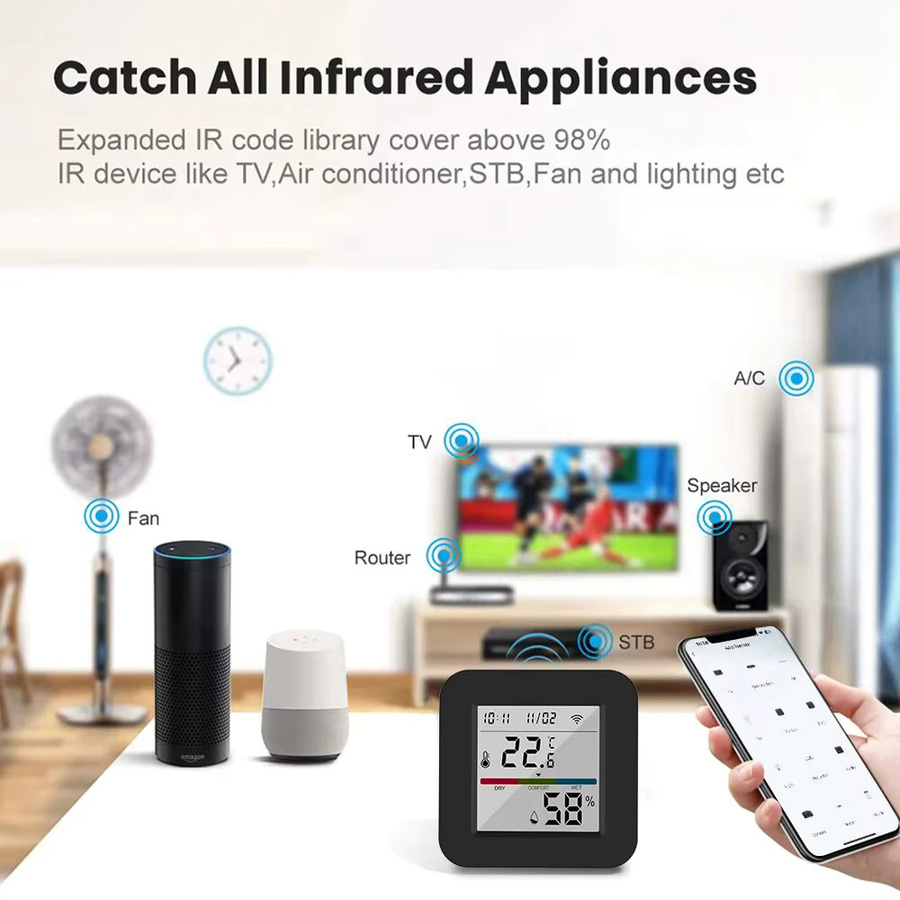 Onenuo Tuya Smart Universal IR Fernbedienung mit Temperatur- und Feuchtigkeitssensor in Schwarz, kompatibel mit Alexa und Google Home - Bild 2