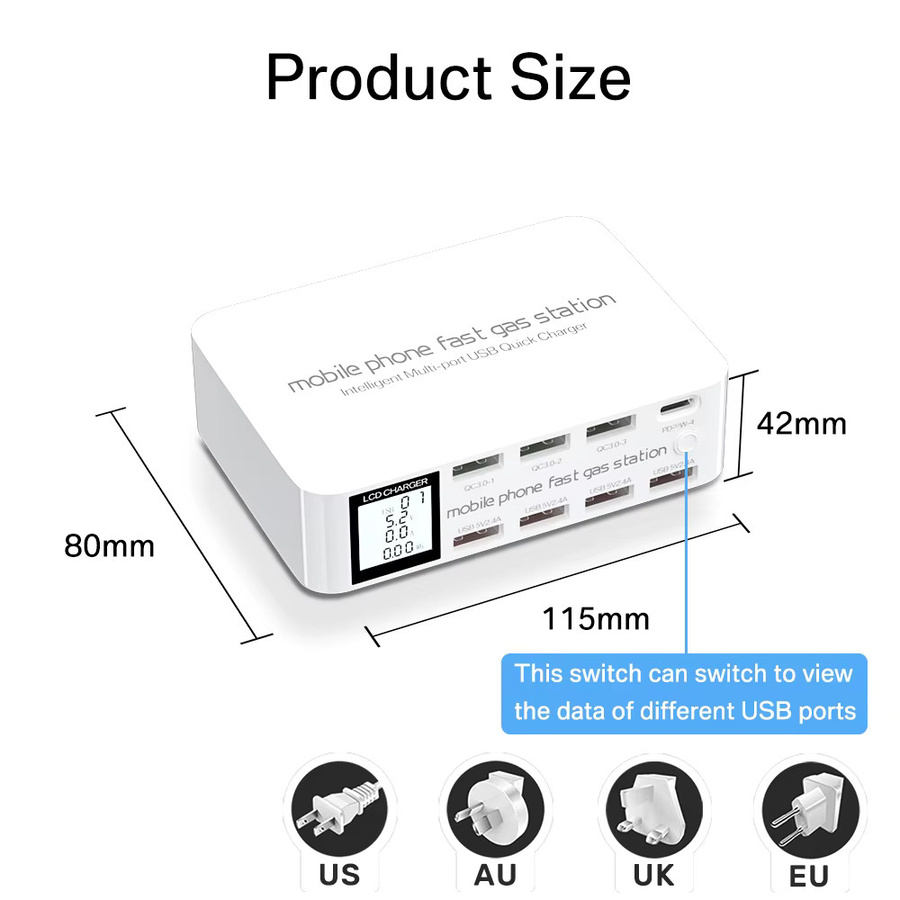 ASOMETECH 8-Port USB-C Schnellladegerät mit LCD-Digitalanzeige, PD3.0 und QC3.0 Ladestation in Weiß für iPhone und Android - Bild 5