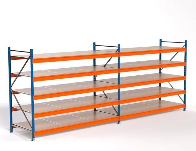 PROREGAL Industrie Weitspannregal MAXIMUS PRO Komplettregal mit 2 Feldern und 5 Spanplatten-Fachböden, Blau/Orange, H: 200 cm, B: 500 cm, T: 100 cm - Bild 1