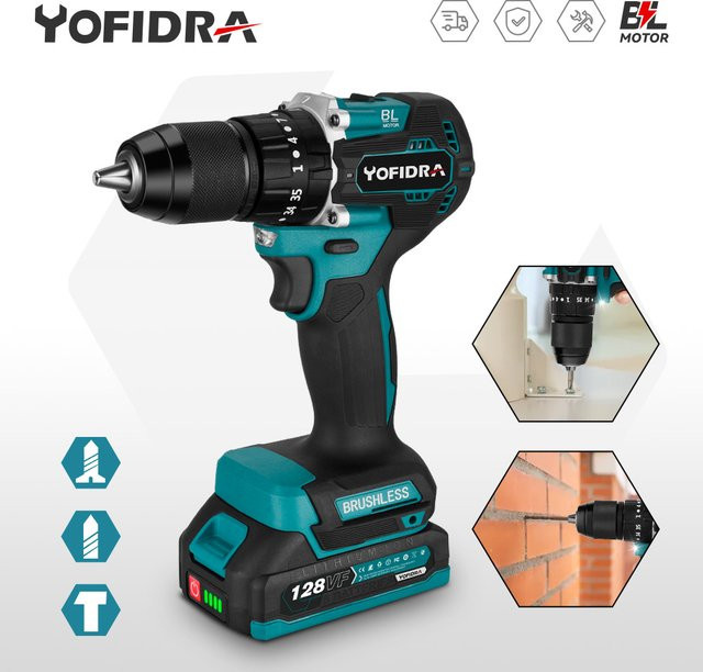 YOFIDRA Bürstenloser elektrischer Akku-Schlagbohrschrauber Set in Petrol mit 35+3 Drehmoment und 13 mm Aufnahme, kompatibel mit Makita LXT Akkus - Bild 1