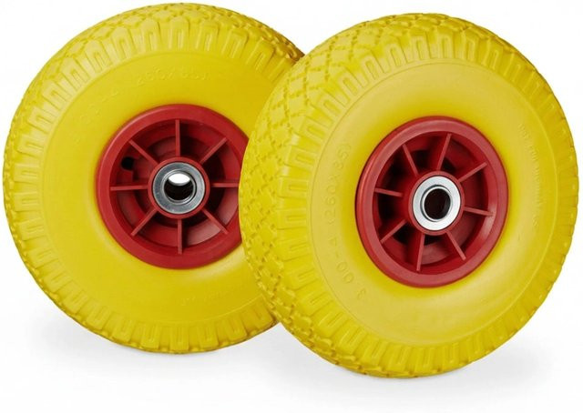 Relaxdays Sackkarrenrad 2er Set aus PU-Gummi in Gelb und Rot, pannensicher und kugelgelagert, Durchmesser: 26 cm, Gewicht: 0,8 kg - Bild 1