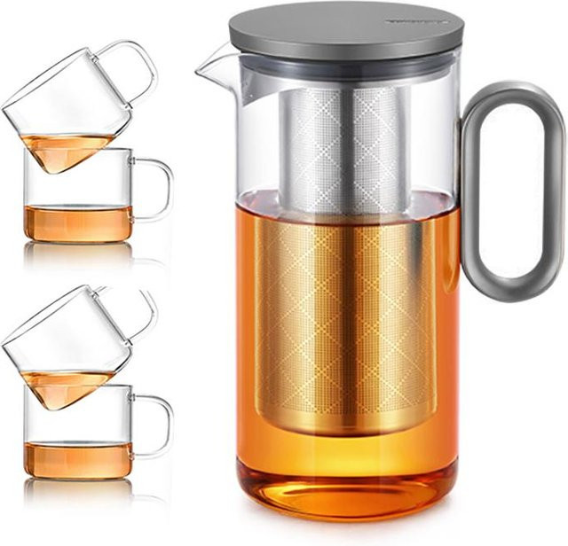 Samadoyo Hitzebeständiges Glas-Teeset in Grau mit Aluminiumdeckel und Filtersieb, Teekanne 900 ml und 4 Tassen je 150 ml - Bild 1