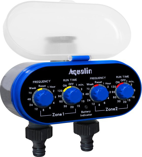 Aqualin Automatischer Bewässerungsregler mit zwei Auslässen und vier Einstellrädern, mechanischer Wasser-Timer in Blau - Bild 1