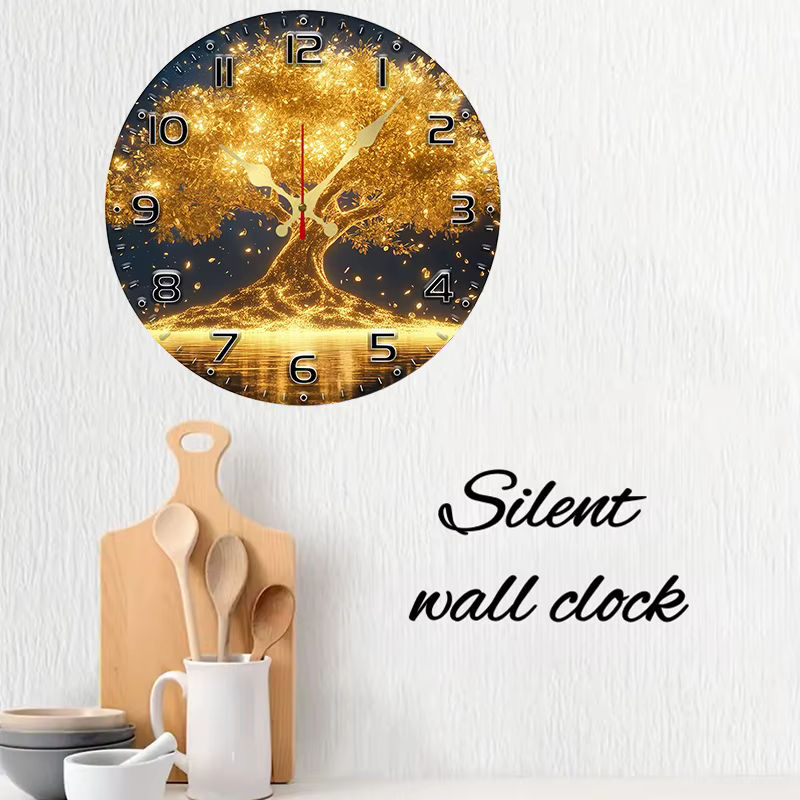 Golden Life Tree Wanduhr aus Holz, rund, analog, gold, geräuschlos, abstrakte Dekoration zum Aufhängen - Bild 3