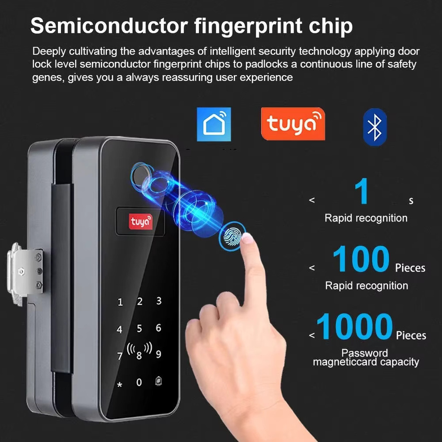 Tuya Smart Bluetooth Biometrisches Glastürschloss in Schwarz mit Fingerabdruck, Passwort und Kartenfunktion für Büro und Geschäftsbereiche - Bild 2