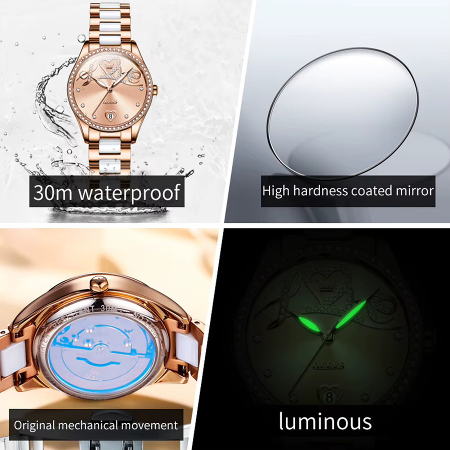 OLEVS Armbanduhr Automatik, Edelstahl, Roségold, Diamantbesetzt, Damen - Bild 3