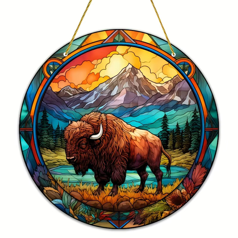 Bison Sun Catcher aus Acryl als runde Glasmalerei für Fenster und Garten, Multicolor Wandbehang im Bauernhaus-Stil, Durchmesser: 15 cm - Bild 2