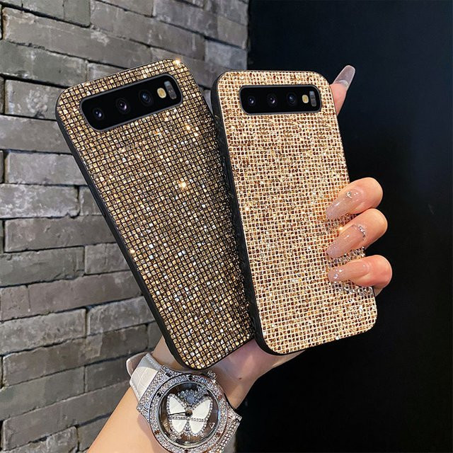 Luxus Glitzer Leder Schutzhülle mit Golden Grid für Samsung Galaxy S10, S10 4G, S10 5G, S10 Lite und S10 Plus in Gold und Beige - Bild 1
