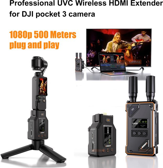 vrriis Kabelloser HDMI-Extender Video-Sender und -Empfänger in Schwarz für DJI Pocket 3 4 Action-Kamera Live-Streaming und Videoaufnahme mit 500m Reichweite - Bild 1