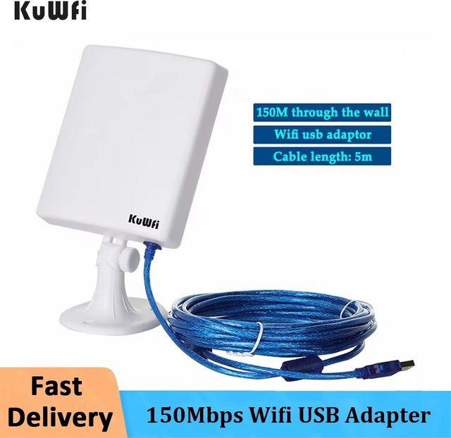 Kuwfi WLAN-USB-Adapter mit 150 MBit/s und 14dBi Antenne, USB-A Netzwerkkarte für PC mit 5m Kabel - Bild 1