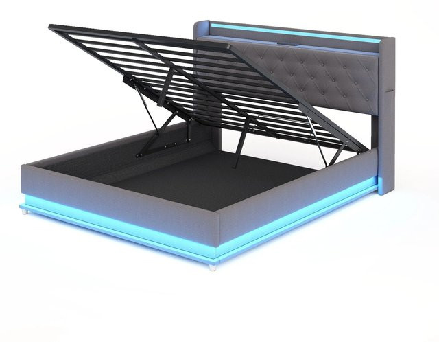 Merax Polsterbett mit LED-Unterbettbeleuchtung und USB-Anschluss in Grau, B/T/H: 140 x 200 x 113 cm - Bild 1