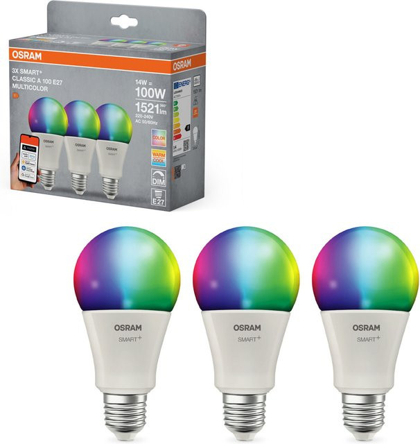 Osram Smart MATTER LED Leuchtmittel 3er Pack, E27, RGBW, dimmbar, WiFi, kompatibel mit Amazon Alexa, Google Assistant und Apple HomeKit, Matt - Bild 1