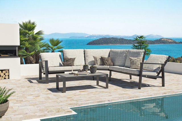 OUTFLEXX Theia L Gartenlounge für 5 Personen in Anthrazit/Grau meliert mit Polsterset und Couchtisch aus pulverbeschichtetem Aluminium und Milchglas - Bild 1