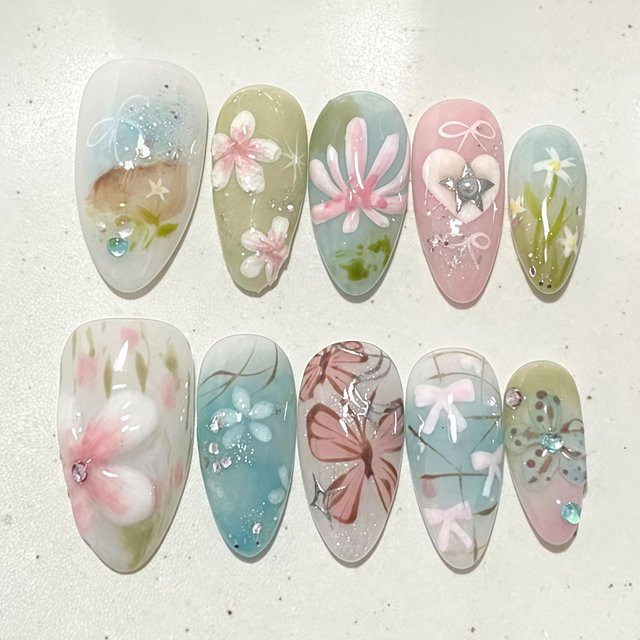 YADORNOS Kunstnägel, Schmetterling-Blumen, Rosa Grün, 24 Stück, Glänzend - Bild 1