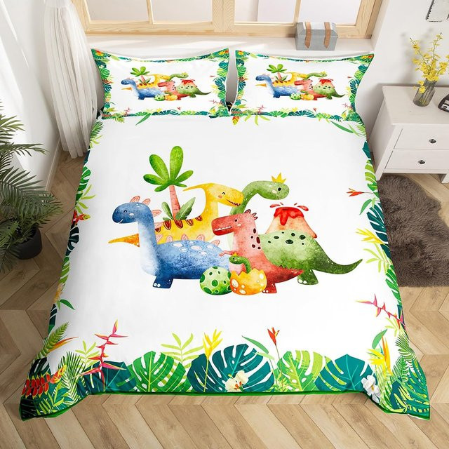 Dinosaurier Bettwäscheset für Kinder mit Cartoon Dschungeltieren, weiß, B/H: 140 x 210 cm - Bild 1