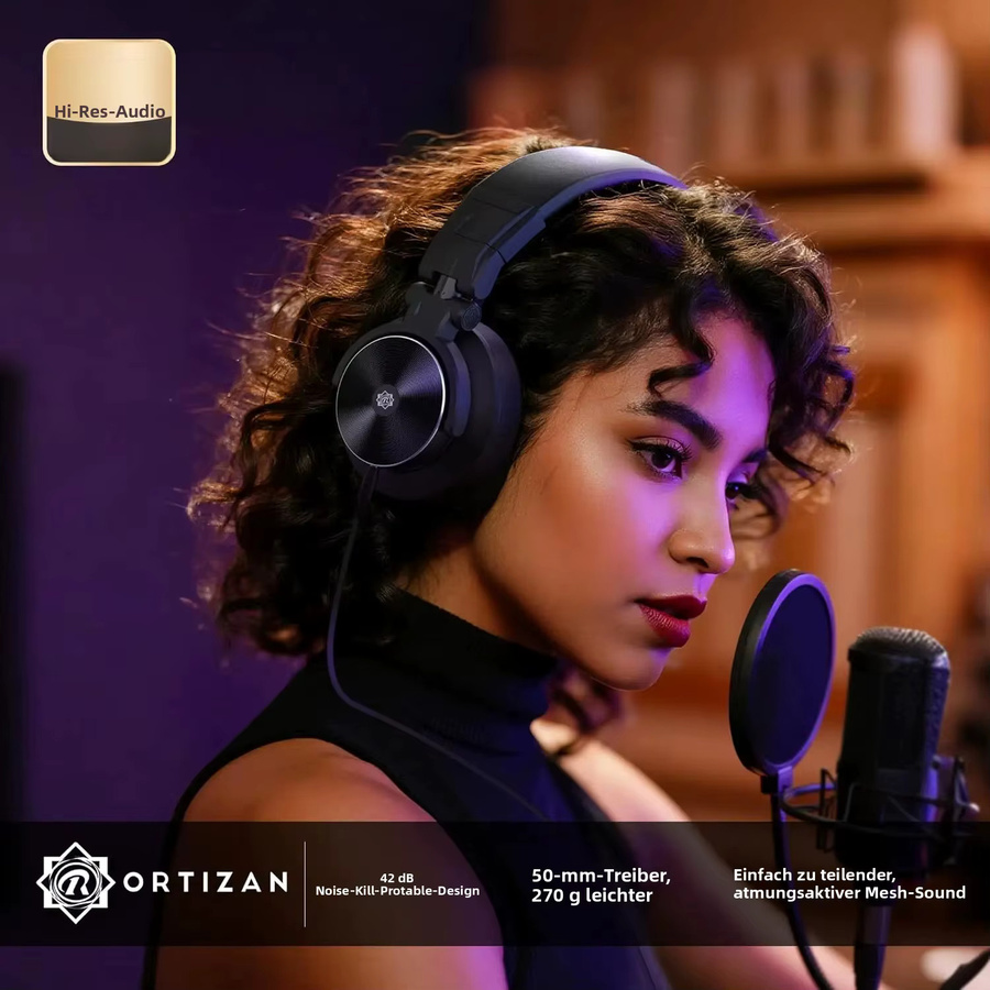 Ortizan Kabelgebundene Over-Ear-Kopfhörer in Schwarz mit 50-mm-Treibern und 3,5-mm-Audiobuchse für Studio-Monitoring, DJ und Recording - Bild 2